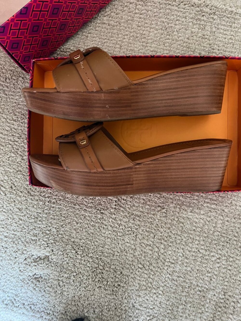 Tory Burch Tan/ Brown/Cognac Leather Platform Wedge Slide Sandals size 11 - Picture 3 of 4